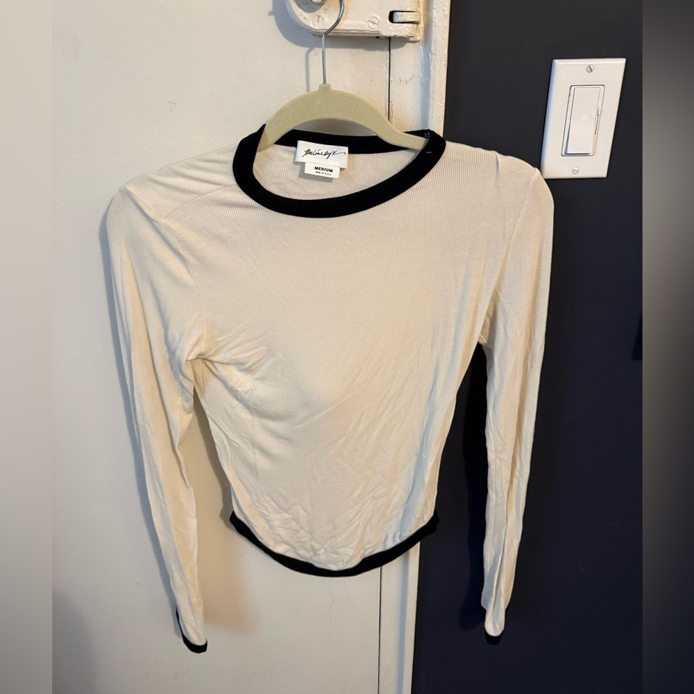 The Line by K Cream Long Sleeve Top with Black Trim